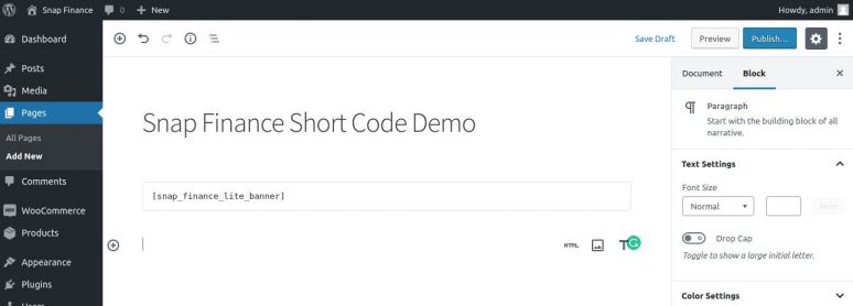 Add Snap Finance Lite Banner Short Code Image